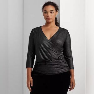 NWT XL Lauren Ralph Plus Black Shimmer Surplice Top Wrap Ruched Holiday Blouse
